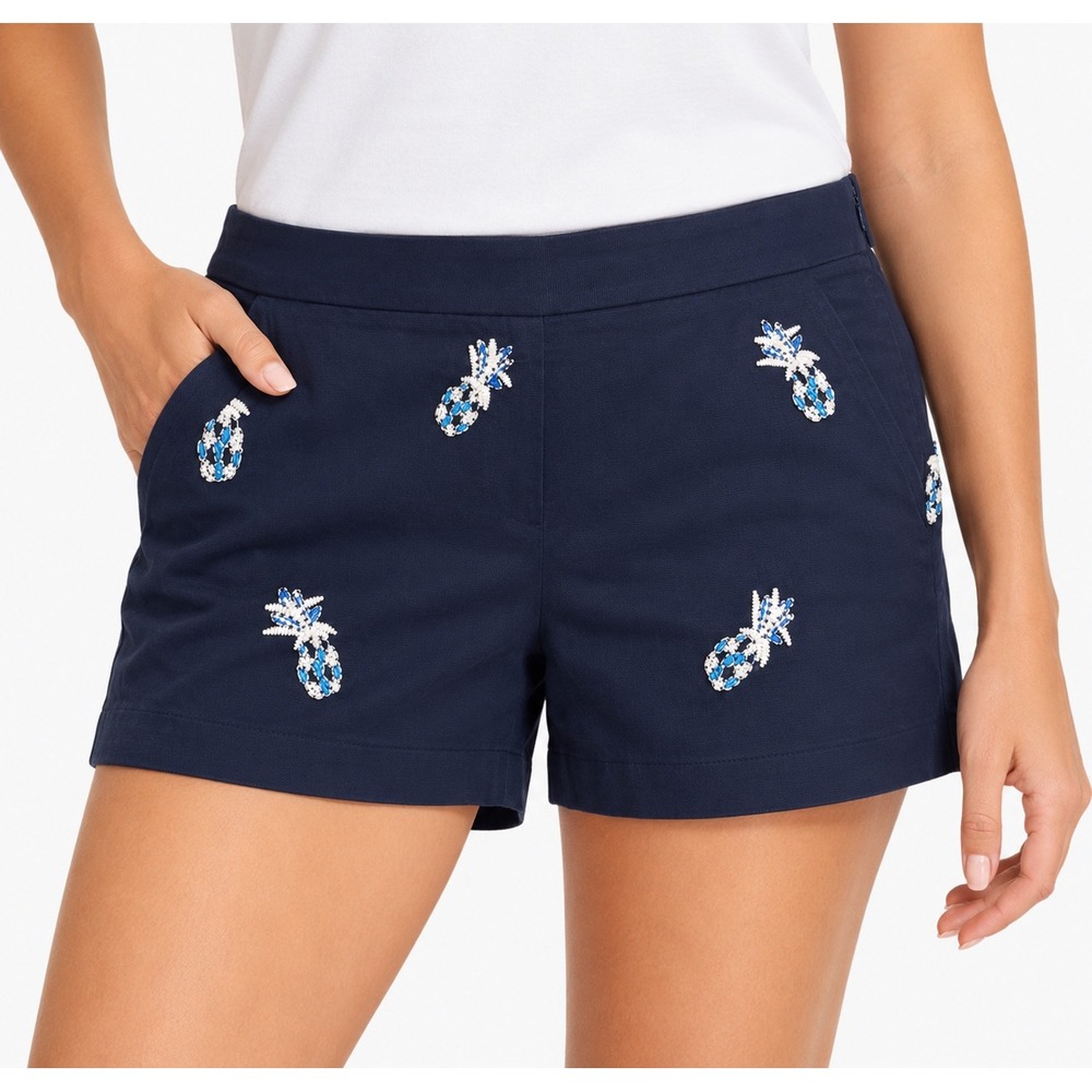 Loft Navy Blue Beaded Pineapple Embroidered Shorts Size 16 NWT